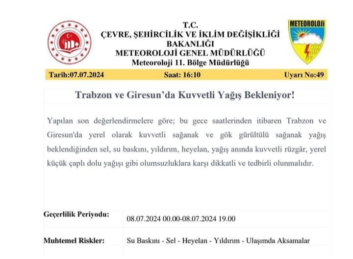 Trabzon ve Giresun”da Kuvvetli Sağanak Yağış Bekleniyor