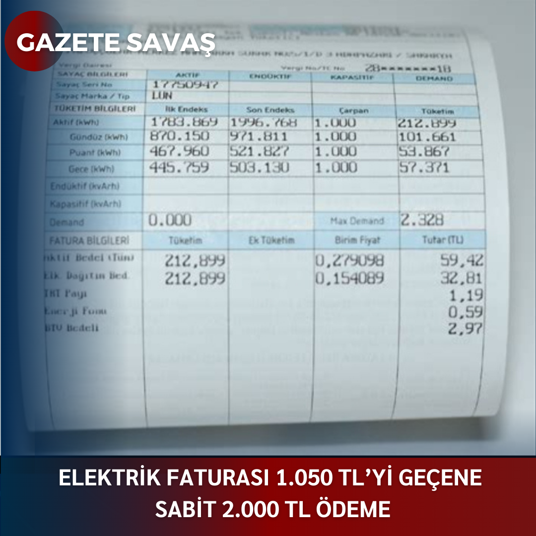 ELEKTRİK FATURASI 1.050 TL’yi GEÇENE SABİT 2.000 TL ÖDEME