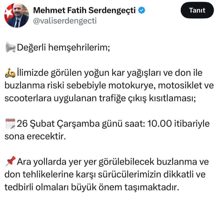 VALİLİKTEN DUYURU;