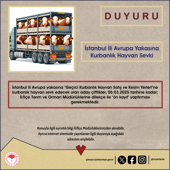 İSTANBUL İLİ AVRUPA YAKASINA KURBANLIK HAYVAN SEVKİ